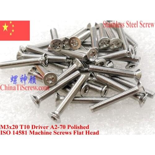 ISO 14581 Stainless Steel screws M3x20 Torx T10 Driver Flat Head A2-70 Polished ROHS 100 pcs