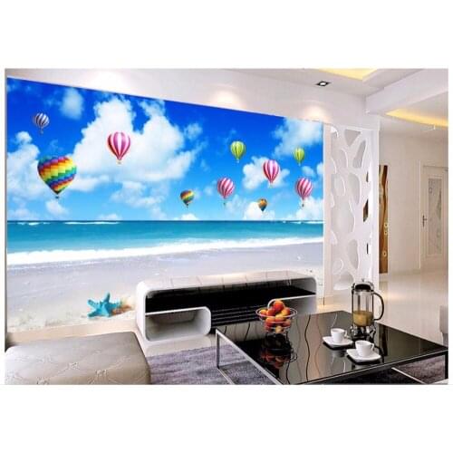 High-end custom photo wallpaper 3d murals Mediterranean mural Beach blue sky white clouds hot air balloon background wall decor