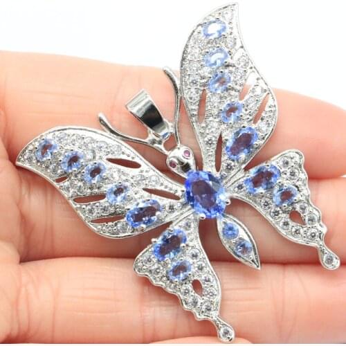 46x45mm SheCrown Big European Butterfly Design 16g Created Aquamarine Violet Tanzanite CZ For Women Silver Pendant Dating