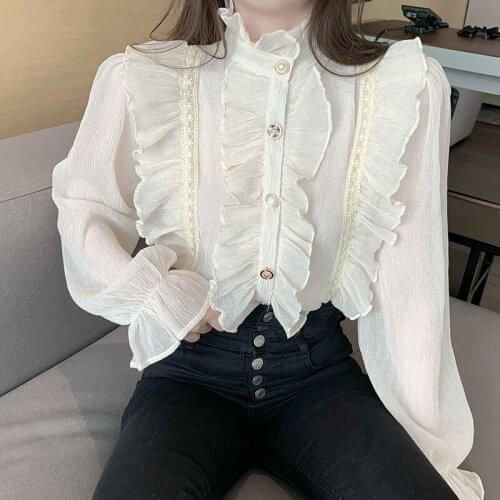 Womens Tops and Blouses 2021 Spring and Autumn New Romantic Wooden Ear Pearl Buckle Retro Court Style Temperament Shirt Top