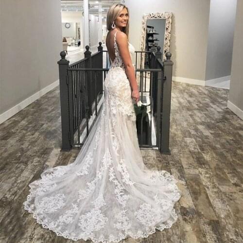 Booma Elegant Lace Appliqued Wedding Dress Mermaid 2019 Summer Soft Tulle Backless Bridal Gown Romantic Wedding Party Dresses