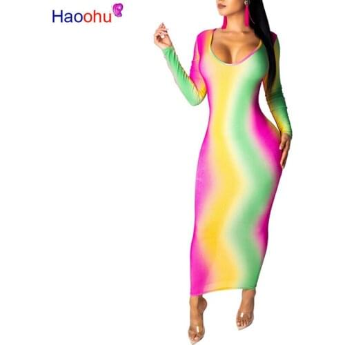 Rainbow Wave Striped Print Bodycon Dresses Women Sexy O Neck Long Sleeve Night Club Party Dress Spring Ankle Length Pencil Dress