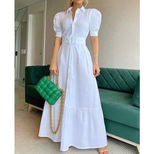 Summer Dress Women 2021 Casual Puff Sleeve Front Button High Waist Slim Office A-Line Dress Elegant Shirt Long Maxi Dress Vestid