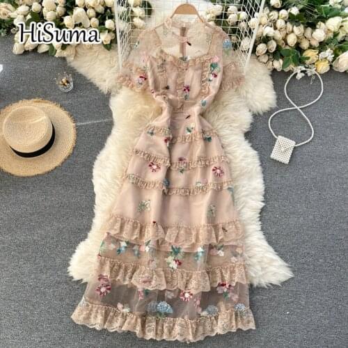 2021 summer new women o-neck flower embroidery ruffles mesh with lace A-line dress female Chic elegant waist party dresses