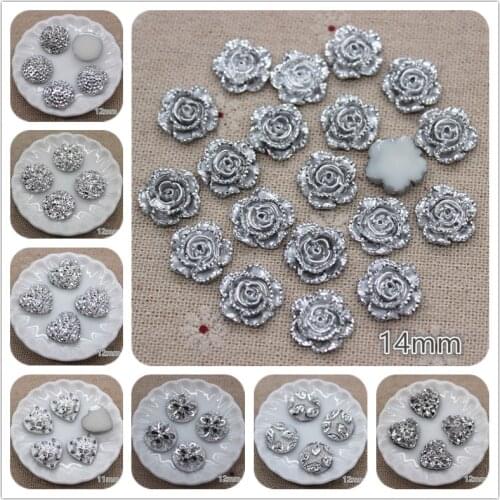 100pcs Bling Silver Round/Starfish/Heart/Flower/Crown/Cherry Resin Rhinestone Flatback Cabochon DIY Craft Accessories