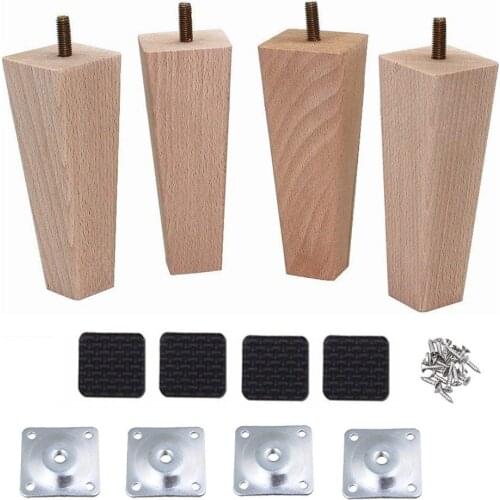 4pcs M8 Beech Wooden Furniture Legs Thread Replacement for Cabinet Chair Couch Table Feet 10cm，14cm or 15cm Height with Screw