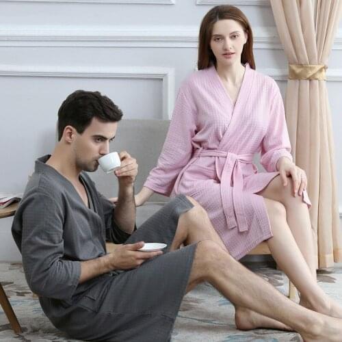 Bathrobe Men Women Adult Sweat-absorbent Towel Pajamas Couple Summer Sexy Waffle Kimono Solid Knitted Pajamas Cool Comfortable