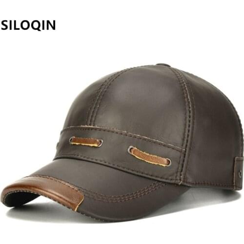 SILOQIN Snapback Cap Autumn Mens Genuine Leather Hat Cowhide Leather Baseball Caps Adjustable Size Men Personality Leather Cap