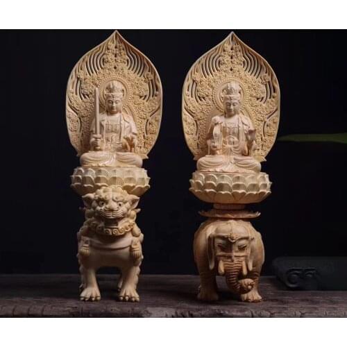 Cypress Wood 36cm Manjushri Samantabhadra Bodhisattva Figure Sculpture Riding Elephant Lion Buddha Statue Home Decor