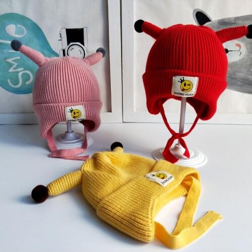 Childrens Hat Autumn and Winter Foreign Trade Cartoon Horn Men and Women Baby Wool Hat Baby Knit Hat Smiley Face Decoration