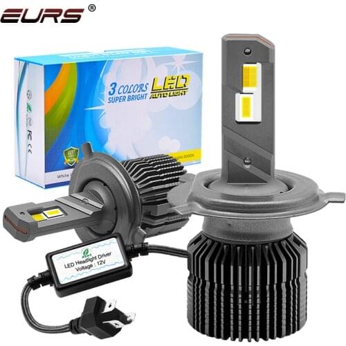 EURS Car Tricolor 3Color LED Headlight H1 H4 H7 H11 HB3 HB4 50W 4500LM 3000K 4300K 6000K Yellow White Three Color LED Auto Bulb