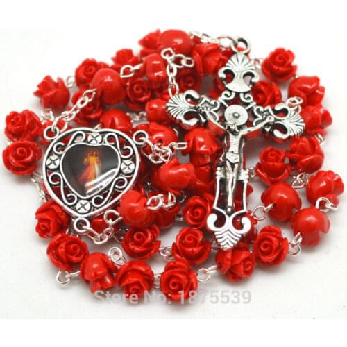 Red Coral Flower Bead Jesus heart medal catholic rosary