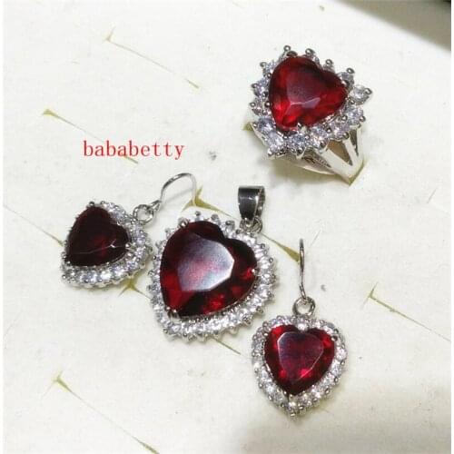 Jewelry Set - Heart Zircon Red blue purple Earring Ring & Pendant Set