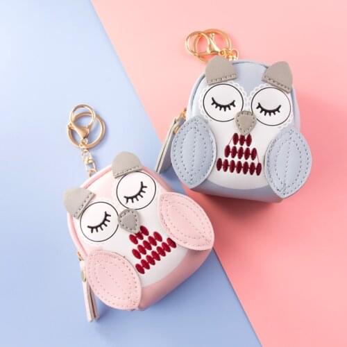 Korea Cute Cartoon Owl Zipper Leather Bag Key Coin Card Soft Small Purse Girl Boy Couple Airpod Storage Stationery Travel Gift