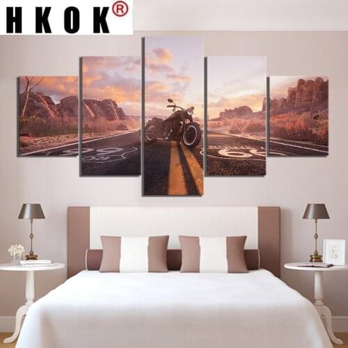 HKOK 5 Panels Road Route 66 Motorcycle Vehicle Modular Canvas Painting Print Poster Wall Art Pictures For Living Room Home Decor