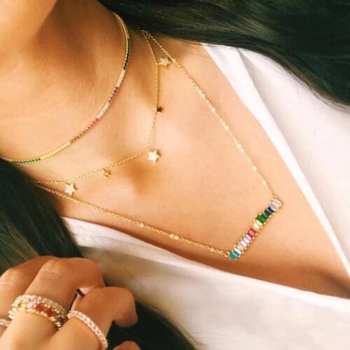 New trendy colorful rhinestone bar necklace pendents geometry rainbow cz choker necklaces women statement jewelry wholesale