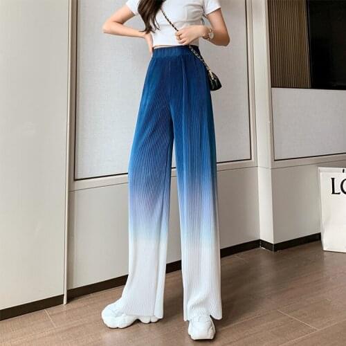 New fashion gradient color drape ice silk thin wide-leg pants women high-waist pleated straight-leg pants casual trousers women
