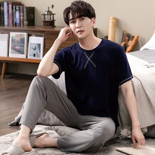 2021 Summer Plus Size Short Sleeve Long Pants Pajama Sets for Men Korean Modal Sleepwear Suit Pyjama Male Homewear Home Clothes
