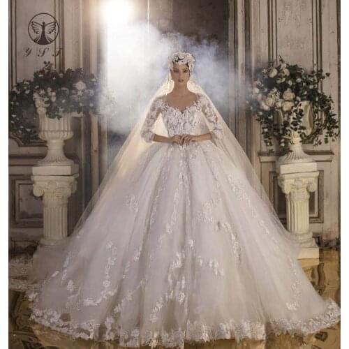 Luxury Wedding Dresses Illusion O Neck Beaded Stones Three Quarter Long Sleeve Ball Gown Vestidos De Novias