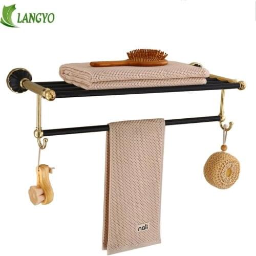 Luxury Metal black color 55CM Bath Towel Rack Active Bathroom Towel Holder Double Towel Shelf With Hooks Bathroom Accessories