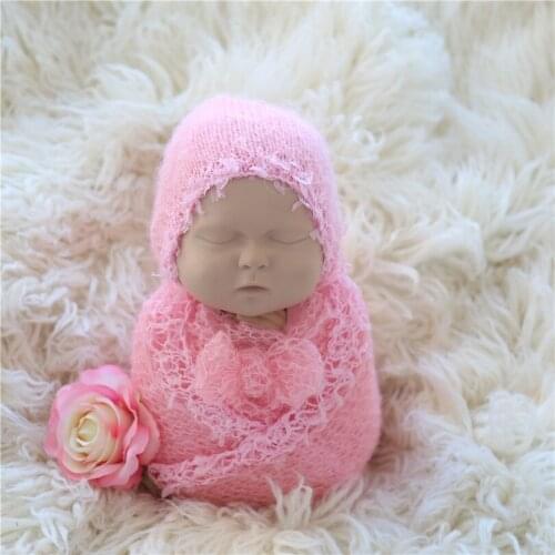 Pink Newborn Lace Wrap Hat Photo Prop Soft Fluffy Baby Girl Swaddle Cocoon Bonnet Set Photography Props