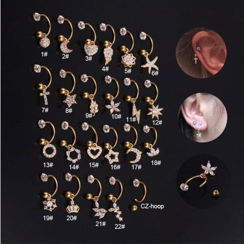 1PC Flower Heart Star Moon Crown Cross Ear Stud Tragus Cartilage Conch Earring Stud Cartilage Helix Piercing Ear Jewelry