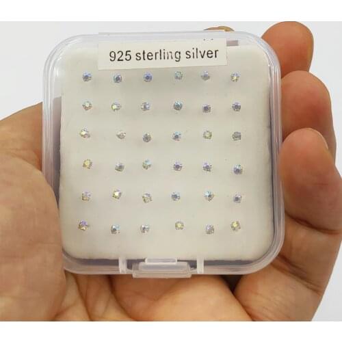 925 Sterling silver nose stud 2.0mm clear crystal straight silver nariz piercing jewelry 36pcs with new packing box