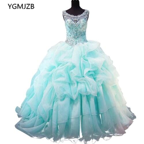 Light Aqua Pink Sweet 15 Year Quinceanera Dresses 2016 Off The Shoulder Beaded Top Pleats Organza Birthday Party Prom Gowns