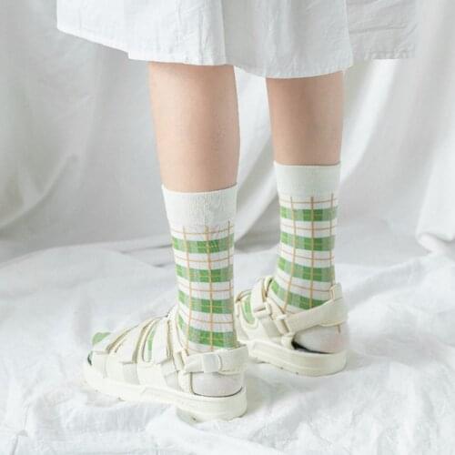 Japanese Girl Matcha Color Plaid Socks Spring And Summer Ins Harajuku Style Couple Socks Green Cotton SocksWholesale Trend Socks