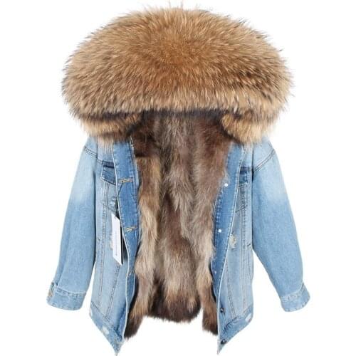 2021 Women Clothing Winter Basic Denim Jackets Regular Length Casual Outerwear Real Fox Fur Liner Raccoon Fur Collar Hooded Coat