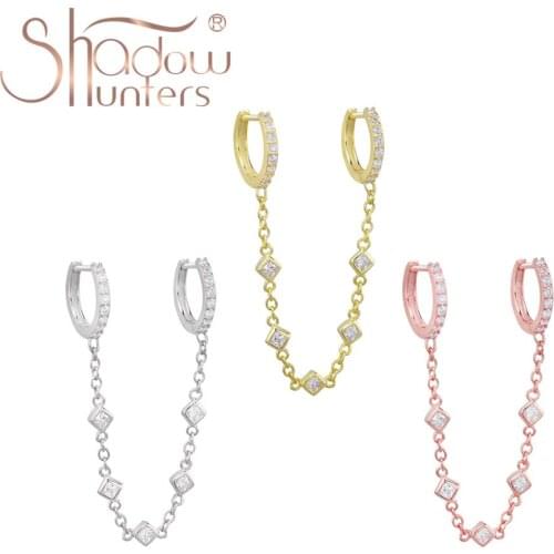 SHADOWHUNTERS Authentic 100% 925 Sterling Silver Huggie Chain Drop Earrings With Shining Zircon CZ Women Trendy Earring Piercing