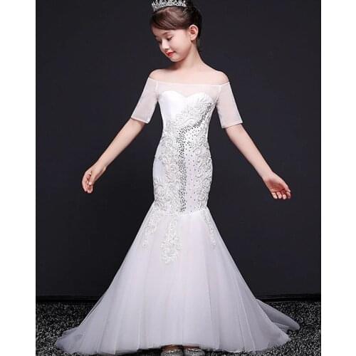 Mermaid / Trumpet Sweep / Brush Train Flower Girl Dresses Formal Evening Tulle Short Sleeve Off Shoulder with Beading