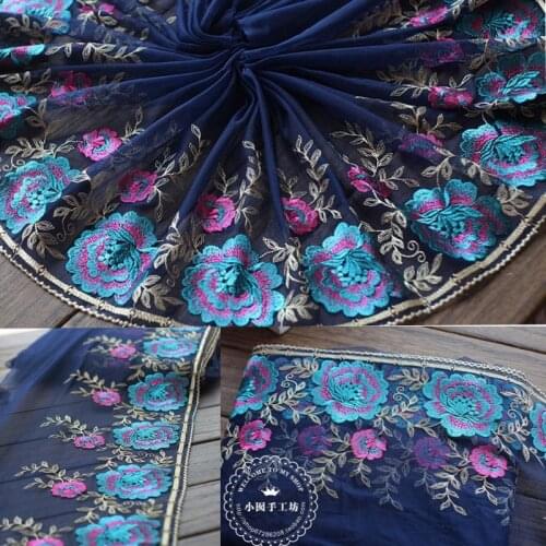 2 Yards Lace Trim Red roses Embroidered blue Lace Ribbon 9.85 Inches French Lace Fabric Wide High Quality