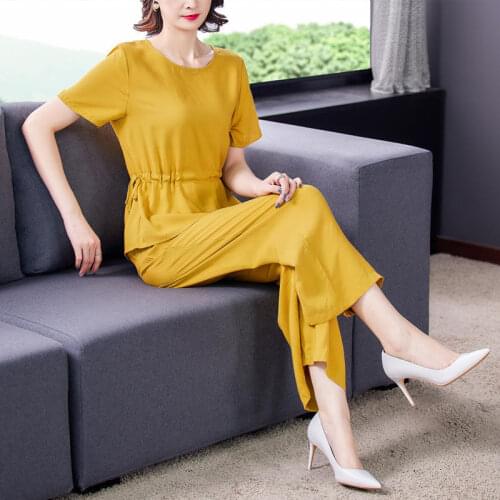 2021 Women Spring Summer Plus Size Middle Age 2 Piece Set Lady O-neck Casual Tops and Wide Leg Pant Suit Female Elegant Set E879