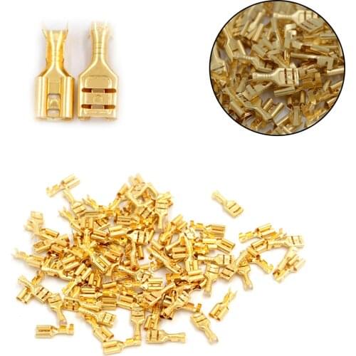 4.8mm/6.3mm 100Pcs/lot Female Crimp Terminal Connector Gold Brass Car Speaker Electric Wire Connectors Set Wholesale