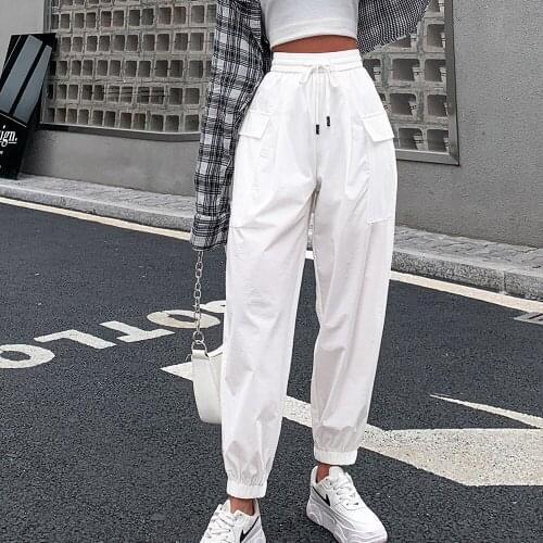 Women Sweatpants Casual Loose Ankle-Length Trousers Streetwear Solid Color High Waist Drawstring Multi-Pocket Harem Pants