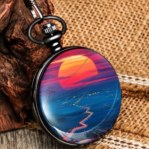 Charming Sunset Sparkling Sea Beautiful Pattern Black Smooth Pocket Watch Classic White Dial Necklace The Best Gift For Friend