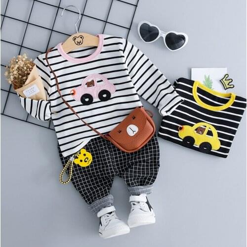 HYLKIDHUOSE Autumn Infant Clothing Sets Boys Girls Clothes Outfit Kids Children Casual Stripe Cartoon Car T Shirt Plaid Pants