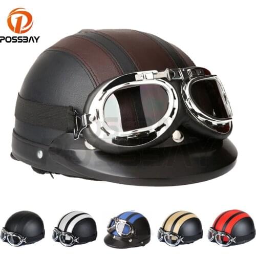 POSSBAY Leather Motorcycle Open Face Half Helmet Outdoor Sport Racing Motocross Goggles Sunglassess Cafe Racer UV Glasses Helmet