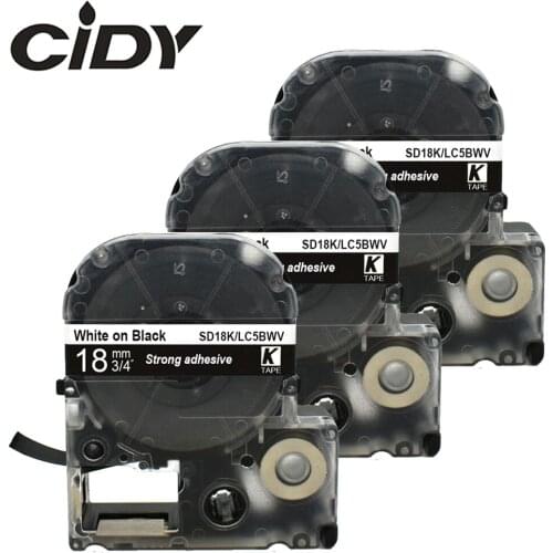 CIDY 3Pcs SD18K SD18KW LC-5BWV9 compatible KingJim 18MM White on black Label tape for Epson machine LW700 LW400 LW800 SR150