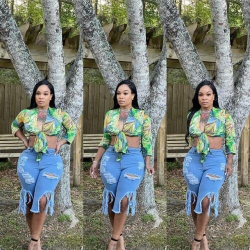 Summer Women Jeans Fashion Sexy Hole Ripped Tassle High Waist Elastic Flare Elasticity Washed Knee Length Denim Pants