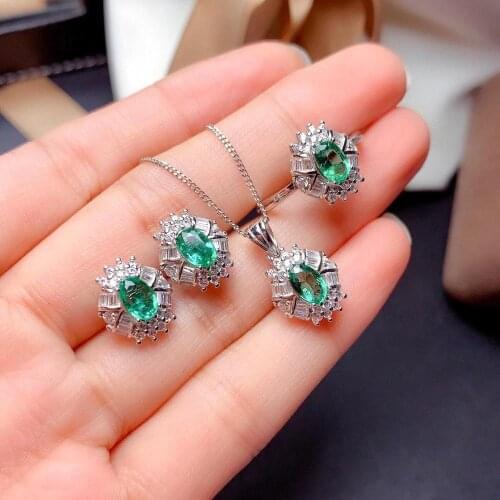 Best Quality New Natural Real Emerald Set 925 Sterling Silver 1pc Emerald Ring,2pcs Emerald Earring,1pc Emerald Pendant