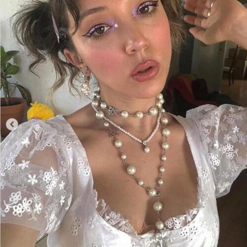 HangZhi 2020 New Trendy Multilayer Pearls Rhinestones Cross Hollow Heart Statement Long Sweater Necklace for Women Girls Jewelry