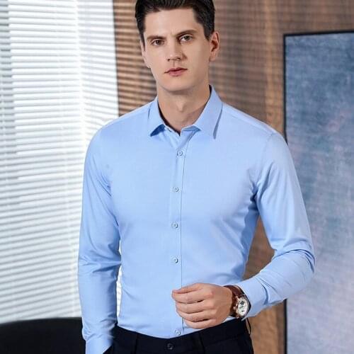 Men Button Up Top Breathable Bamboo Fiber Shirt Plus Size Business Office Wear Male Long Sleeve Blue Social Formal Dress Shirt