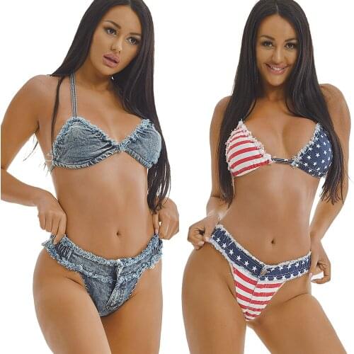 2021 New Summer Cowgirl Low-waist Bikini Suit Womens Two piece Sexy Flag Color Swimsuit Set Solid Hot Short Nightclub Beachwear