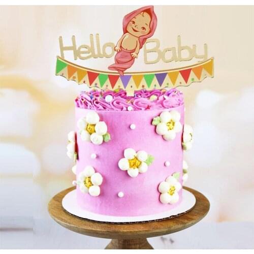 New Hello Baby Cake Topper Golden acrylic baby happy birthday Cupcake Topper For Baby shower cake dessert Cakes flag decoration