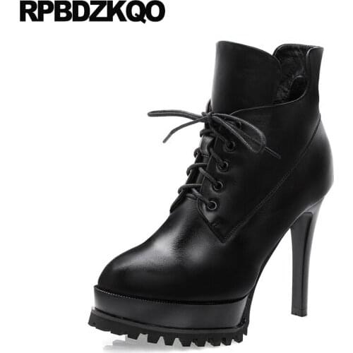 Shoes High Heel Black Fur European Extreme Ankle Platform Winter Fashion Sexy Waterproof Side Zip Boots Lace Up Round Toe