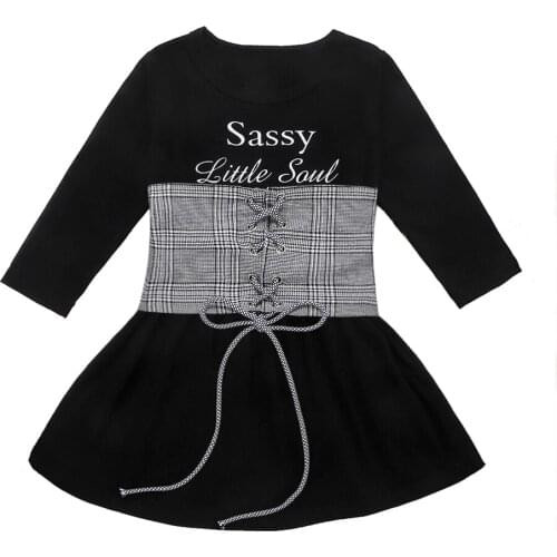 1-6Y Baby Girl Long Sleeve Letter A-Line Dress+Plaid Belt Vest Outfits Set Cute Girls Dress+Belt Kids 2pcs
