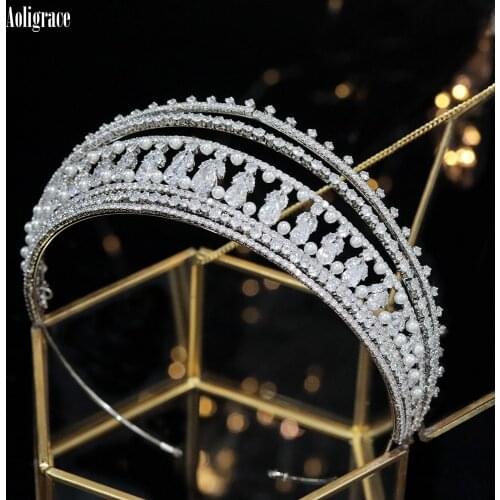New European CZ Bride Crowns Pearl Queen Headband Hairband Zirconia Bridal Headpiece Wedding Hair Accessories birthday Headwear