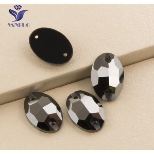 YANRUO 3210 Oval Jet Hematite Glass Crystal Sew On Stones Glass Strass Sewing Rhinestones For Clothing